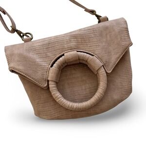 Anthropologie‎ Taupe Lizard Embossed Circle Handle Crossbody Bag Handbag